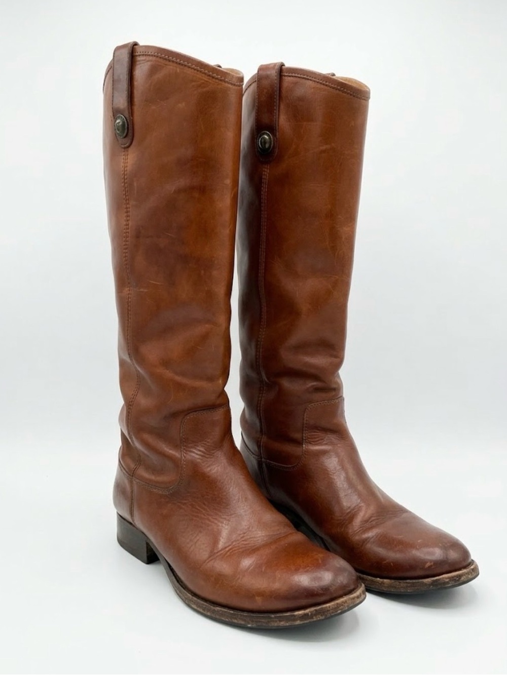 FRYE Melissa Button Extended Calf Leather Riding Boots Cognac Brown 7B